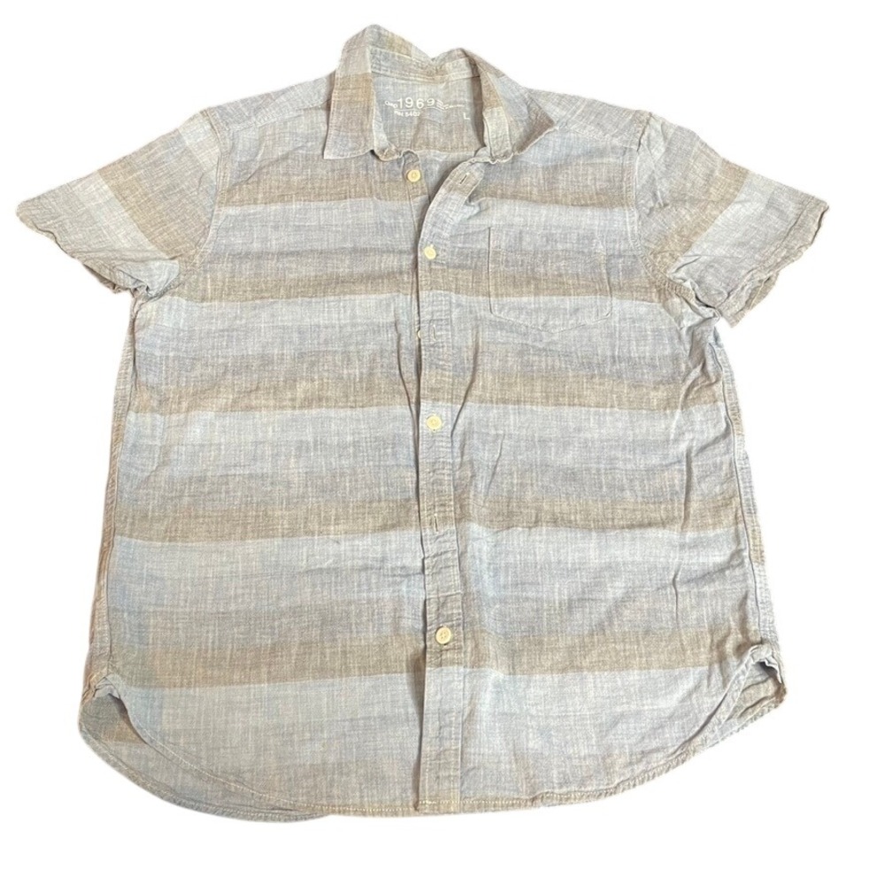 Gap 1969 Mens Large Blue‎ Tan Striped Short Sleeve Cotton Button Down Shirt L
